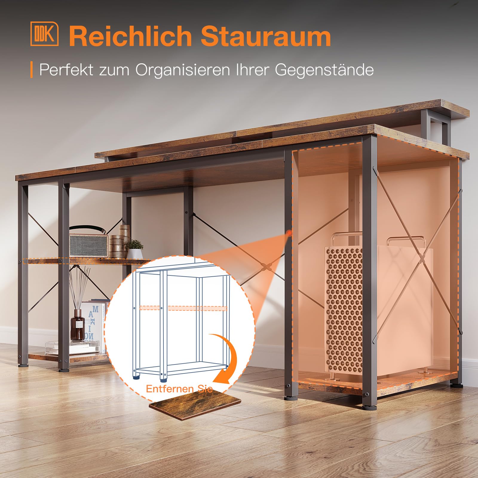 ODK Schreibtisch, Gaming Tisch mit Regal Reversibel, Computertisch mit Monitorständer, Gaming Schreibtisch PC Tisch Bürotisch für Büro, Wohnzimmer (Braun, 120x50x86.5cm)