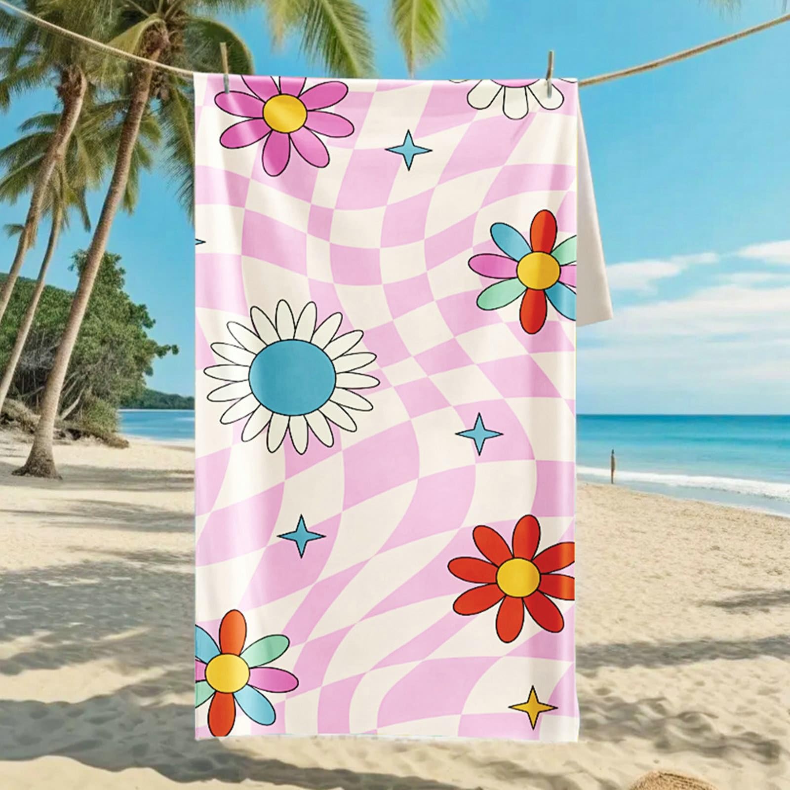 AMDXD Toalla de baño 80 x 160 cm, impresa con rejilla y estampado de flores, toalla de playa, microfibra, suave y fácil de limpiar, toalla deportiva adecuada para camping, gimnasio, playa, multicolor