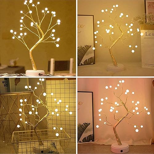 Miniatura 7 de Lxcom Lighting Luz de árbol bonsái de mesa con temporizador, 36 perlas LED de alambre de cobre dorado, árbol de mesa LED bonsái, enchufe USB
