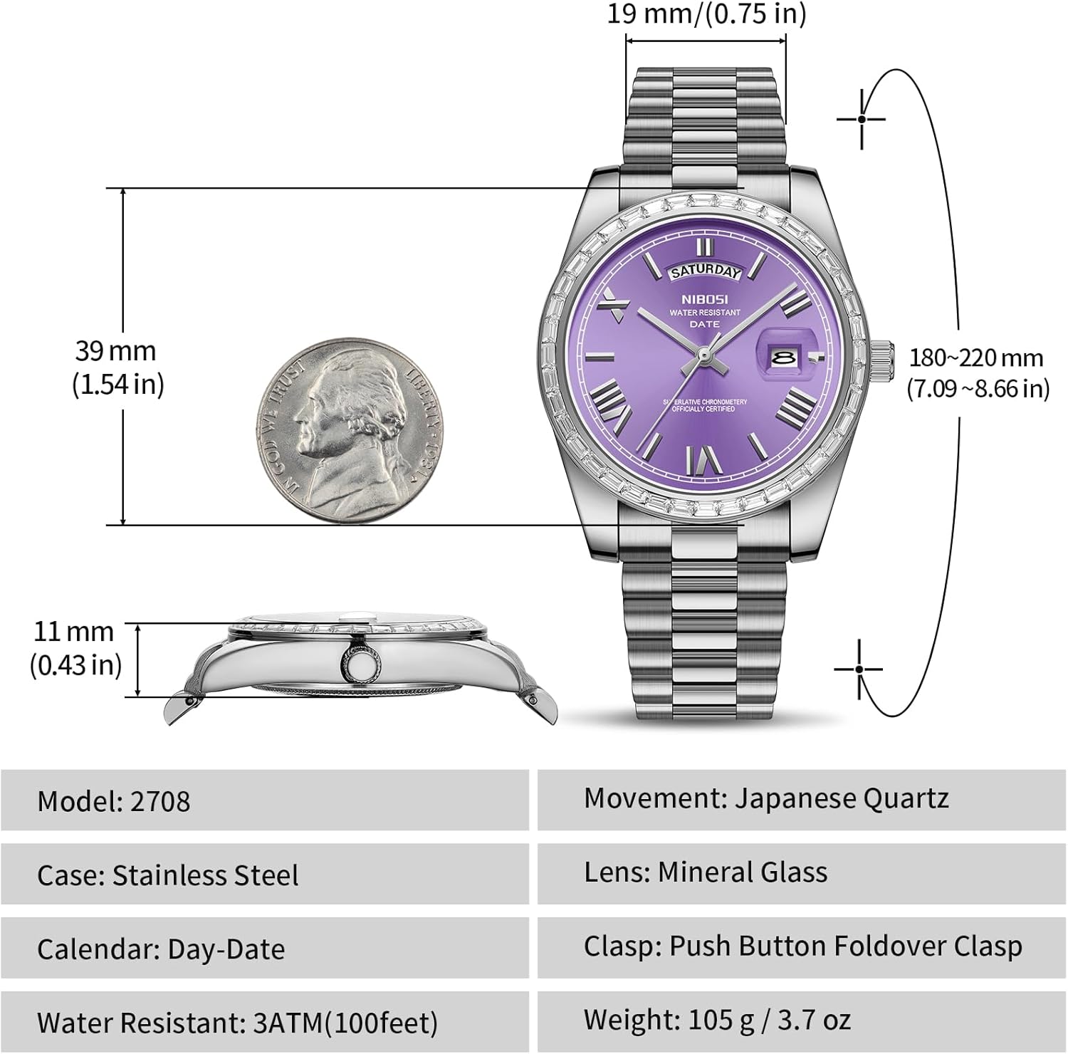 NIBOSI Men's Watches Analog Quartz Diamond Bezel Stainless Steel Dial Rose Gold Silver Watches for Men Waterproof Business Classic Dress Wrist Watch with Day Date - Image 3