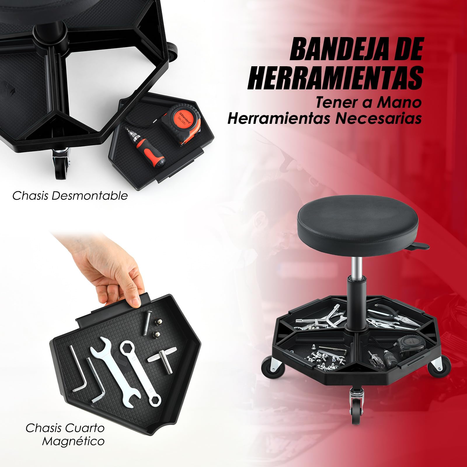 COSTWAY Neumático Rodante Taburete Mecánico, Asiento Ajustable con Asiento Acolchado de 150 KG, Bandeja para Herramientas, Taburete Rodante para Garaje y Taller de Reparación de Automóviles (Negro)