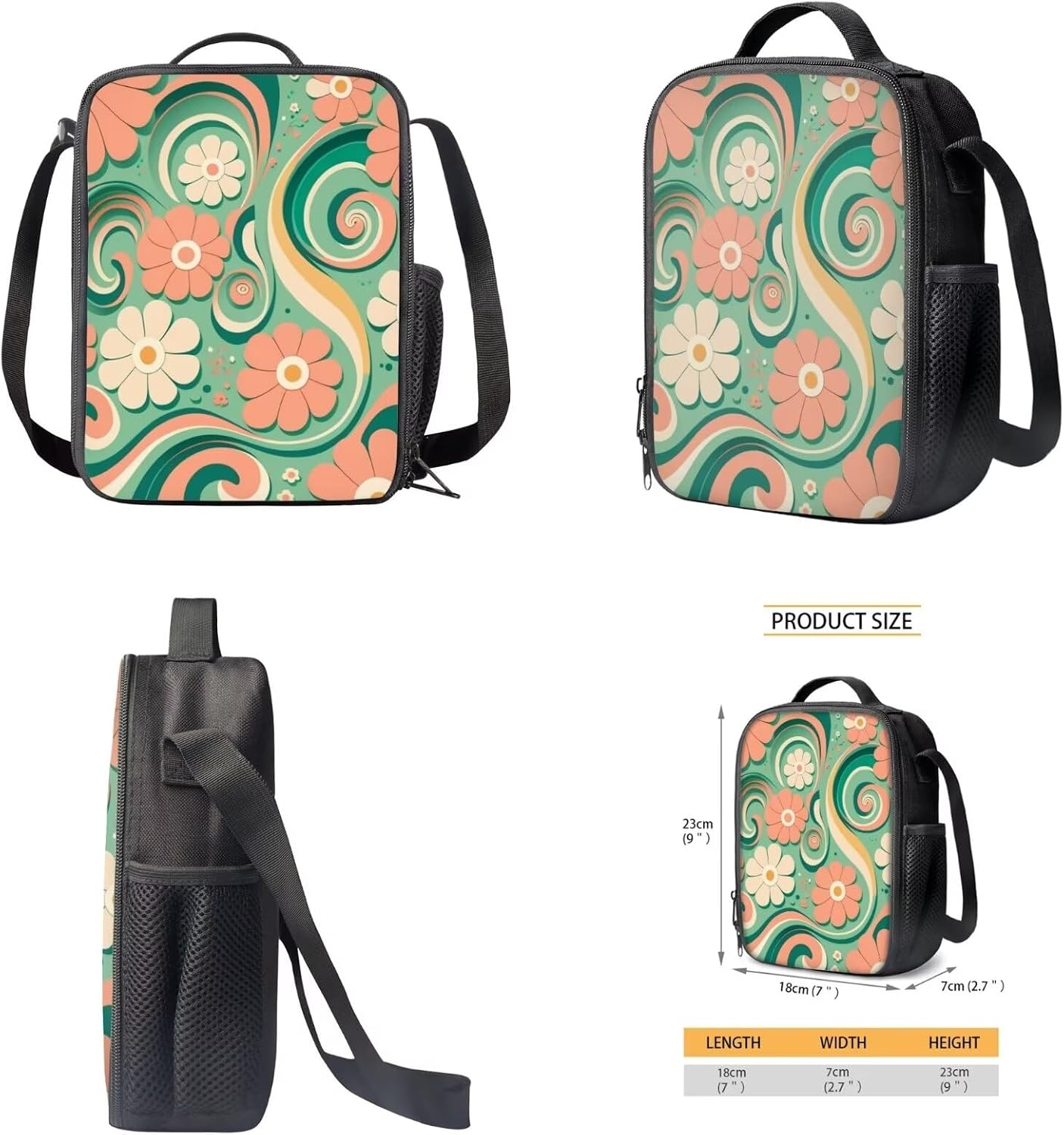 Modysero Casual Lightweight Pink Daisy Green School Backpack Set with Lunch Box for Boys Girls 3 Pcs Schoolbag for Primary Student