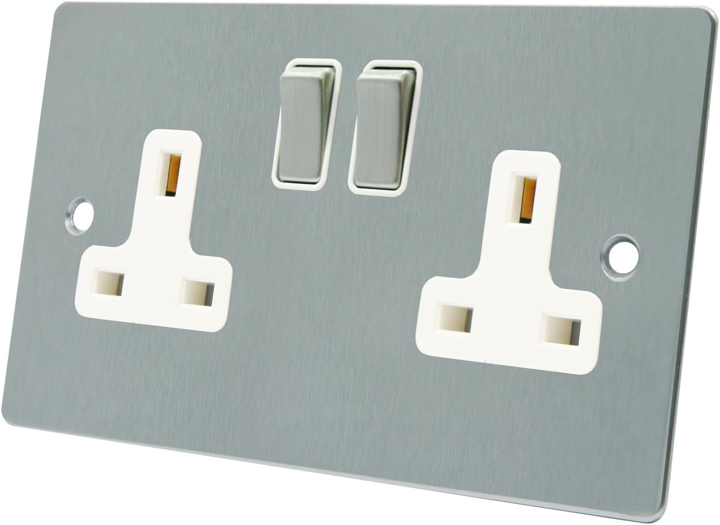 A5 SOC2GSFWS 2 Gang-Satin Matt Chrome Flat-White Insert-Metal Rocker Switch-13A Double Plug Socket, 250 W