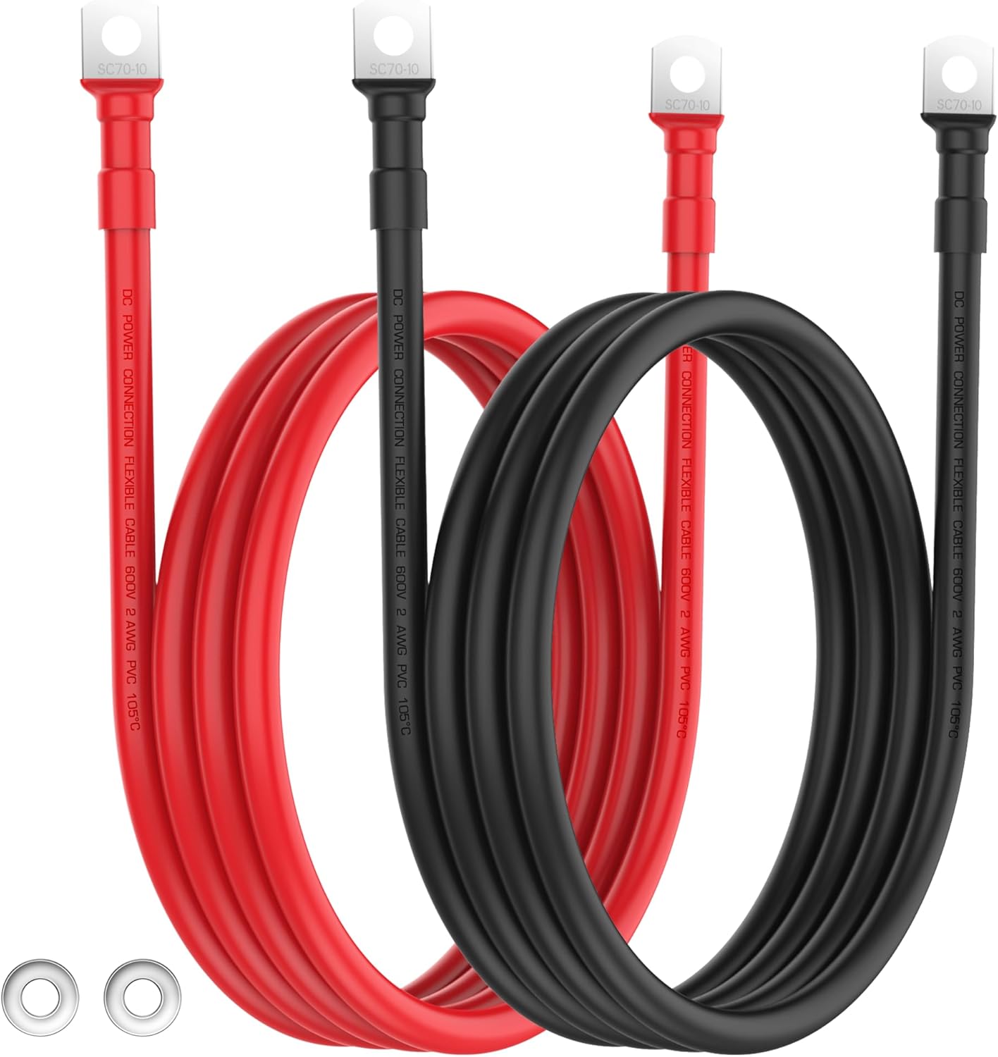 LEESKY 2 AWG Battery Cables 2 Gauge 6 Feet Pure Copper Battery Inverter Cables 3/8 Inch Terminals for Golf Cart Power Inverter Solar RV Marine