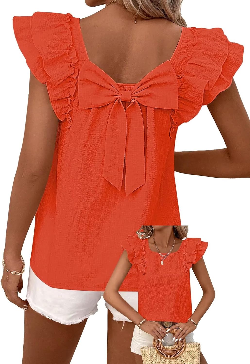 Womens Bow Tie Back Tops Round Neck Ruffle Short Sleeve Shirts Cute Babydoll Chiffon Tee Women Summer Trendy Tunic