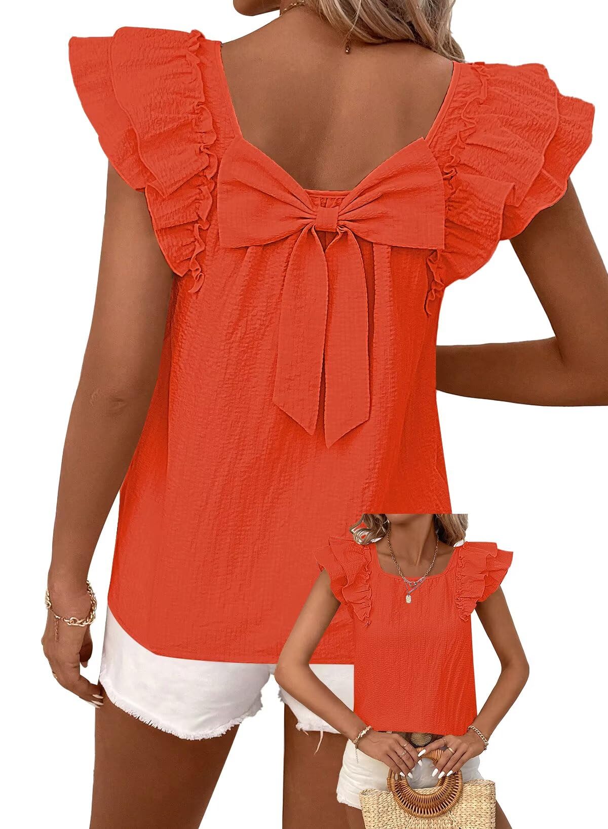 TUUHAW Top Damen Sommer Süße Oberteile Rundhals T-Shirt Kurzarm Bluse mit Rüschen Tunika Lässige Outfits Chiffon Puffärmel Rücken-Schleife Kleidung