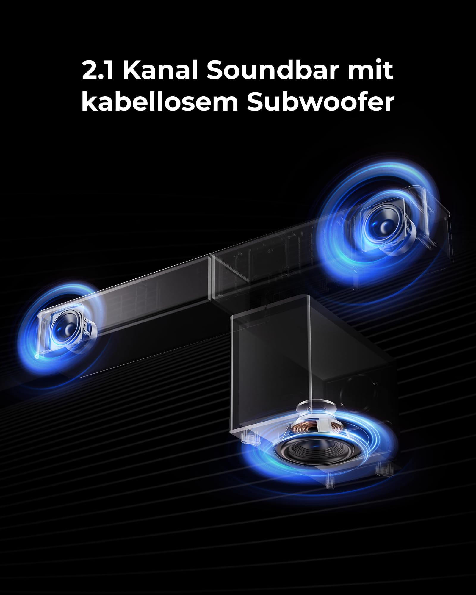 ULTIMEA Dolby Atmos 2.1 Soundbar mit kabellosem Subwoofer, Poseidon M40 | VoiceMX, BassMX, Soundbar für TV Geräte, Center Lautsprecher, 240W Spitzenleistung, App-Steuerung, HDMI eARC, Bluetooth® 6.0