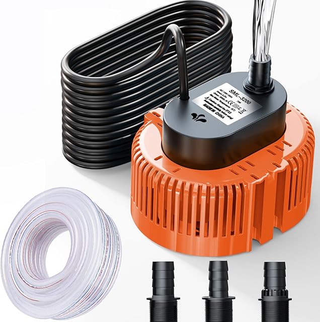 Portable Submersible Pump for Clean and Dirty Water for Garden Pond, Pools, and Ditches, Electric Sump Pump with Drainage Hose & 25 Feet Extra Long Power Cord, 850 GPH in Ground, 3 Adapters (Orange)