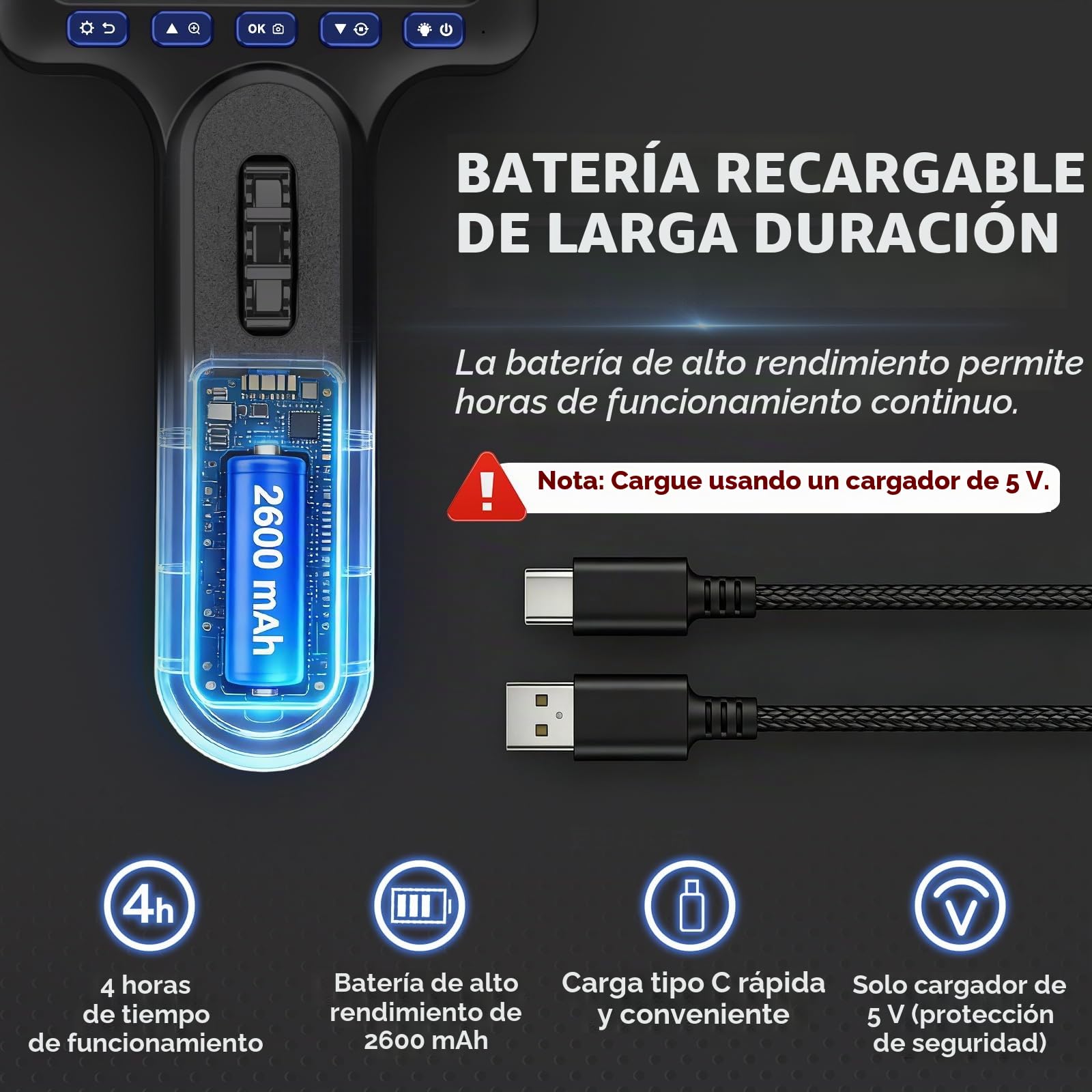 Cámara endoscópica con luz, endoscopio de 6,25 mm, cámara de inspección de 2,8" con pantalla IPS, cámara endoscópica de cabeza móvil, cámara de tubo flexible IP67 resistente al agua con cable