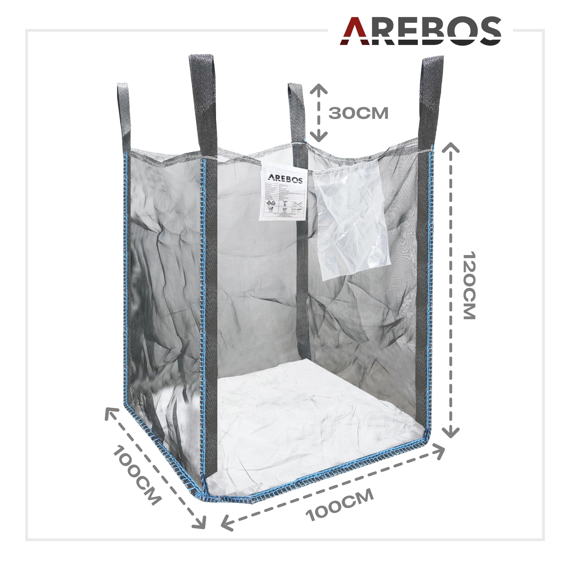Arebos Premium Holzsack 5er Pack | Big Bag 100x100x120 cm | mit 4 Schlaufen und Einfüllschürze | Tragfähigkeit 1000 kg, SF 5:1, EN ISO 21898 | Säcke für Bauschutt, Holz, Gartenabfall | UV-Beständig