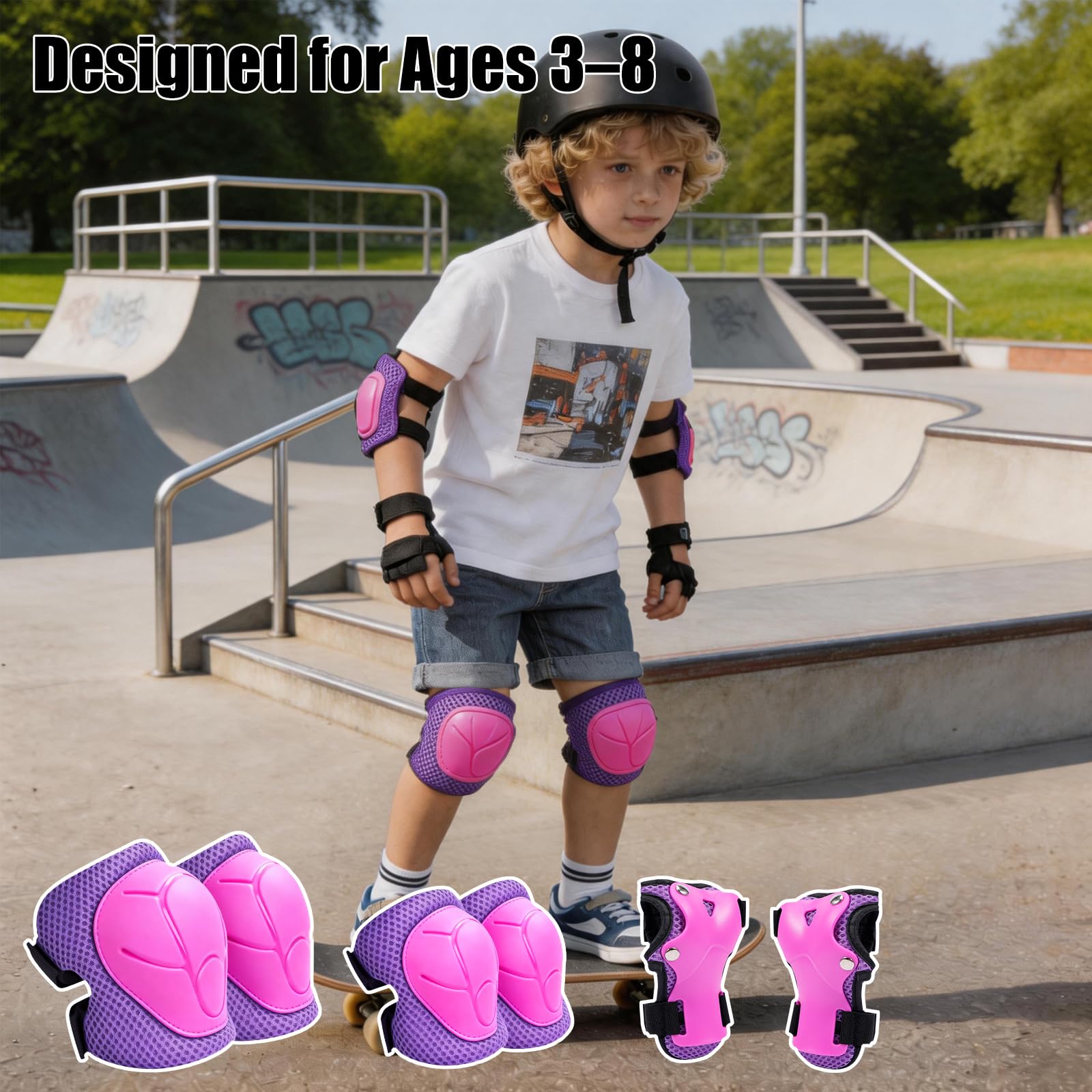 Protecciones Patines Niño 6 en 1, Set Rodilleras Coderas y Muñequeras Ajustables, Equipo de Protección Infantil para Patines en Línea Monopatín Bicicleta Ciclismo Skate Protector