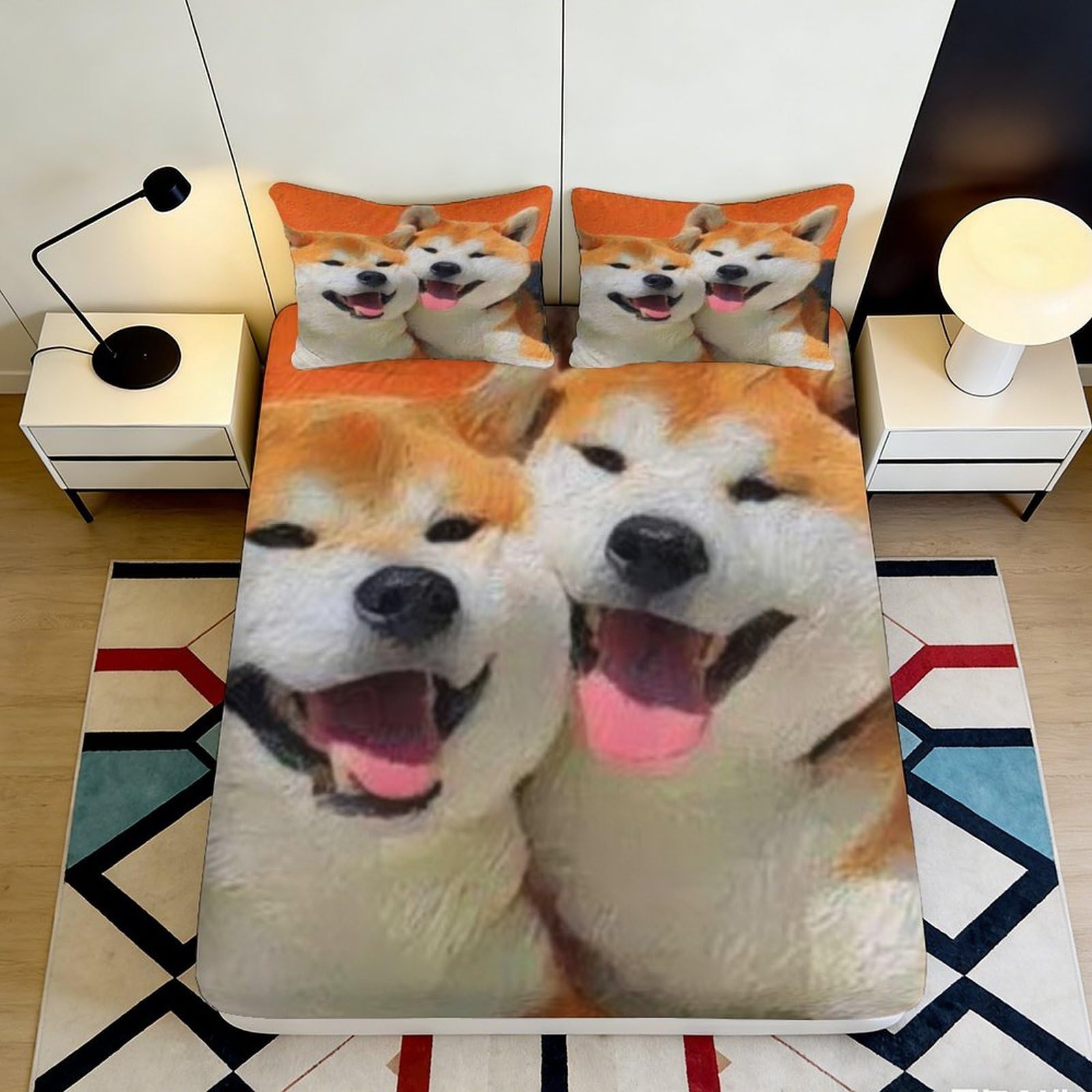 3D Printed Shiba Inu Smile Fitted Sheet Microfiber Soft Anti-Slip Dog Print Bed Cover for Bedroom Dorm Decor 90x200x25cm