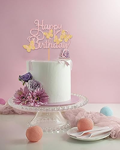 Miniatura 3 de Decoración para tartas, decoración dorada de feliz cumpleaños para fiesta, 7 piezas de decoración de pastel de mariposa para cumpleaños,