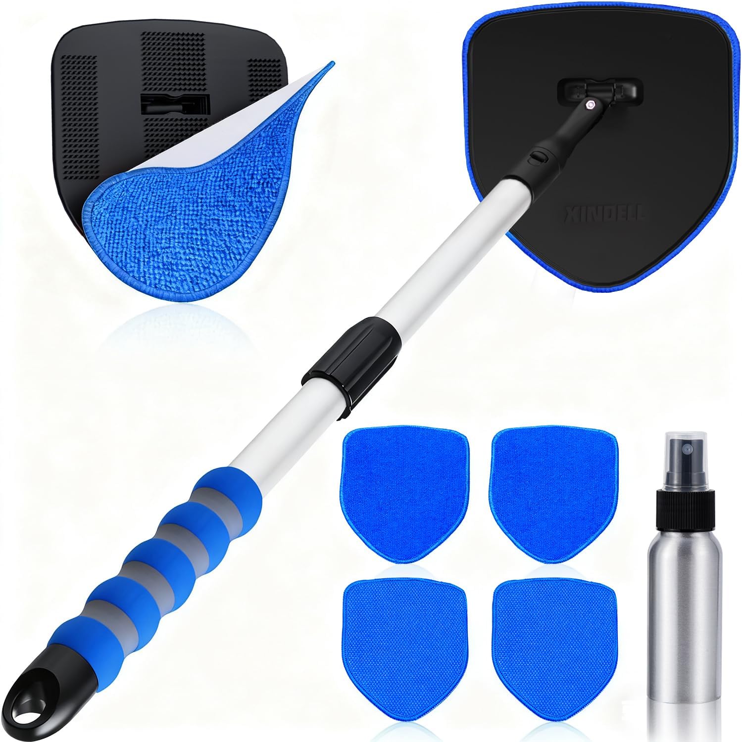 XINDELL Windshield Cleaner Tool, Car Window Cleaning Kit with 4 Reusable Microfiber Pads, Extendable Handle & 360° Rotating Head, Safety Hammer, Streak-Free Auto Glass Wiper for Car Truck SUV RV