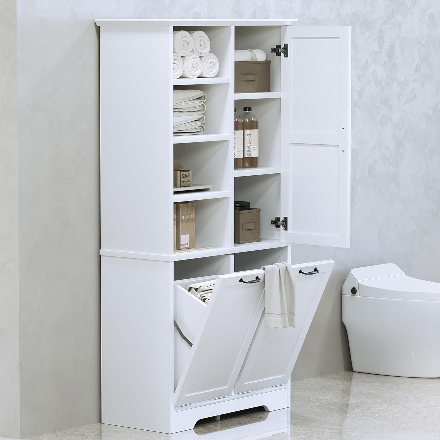 Merax Cabinet with Tilt-Out Laundry Hamper Basket, Tall Bathroom Storage Organizer Linen with Open Shelf for Home, Freestanding, White