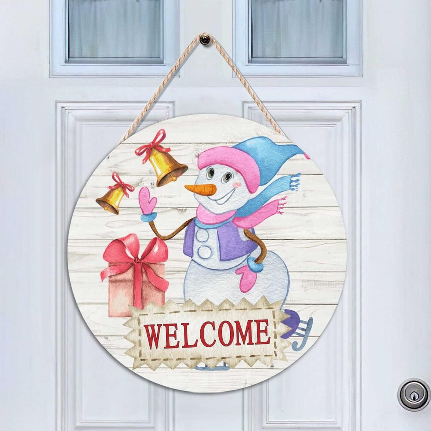 Christmas Snowman Welcome Wood Door Sign Winter Welcome Front Door Sign 16x16in Christmas Welcome Wall Door Hanging Sign for Outdoor Front Porch Farmhouse Front Door Decor Housewarming Gifts