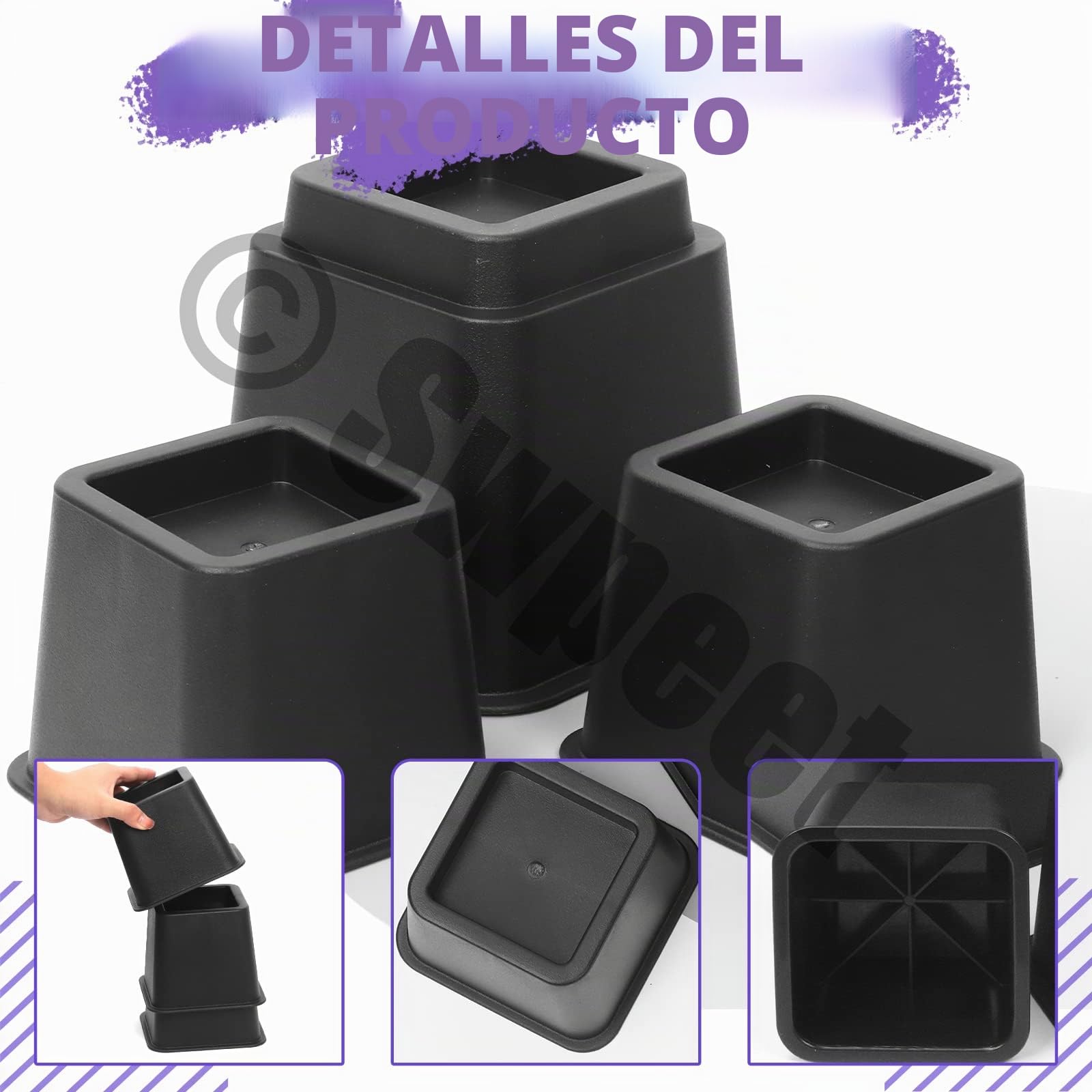 Swpeet 8 elevadores de cama ajustables, elevadores de marco de cama apilables negros, 4 elevadores de altura de cama grandes y 4 pequeños, elevación en alturas de 3, 5 u 8 pulgadas, elevador de