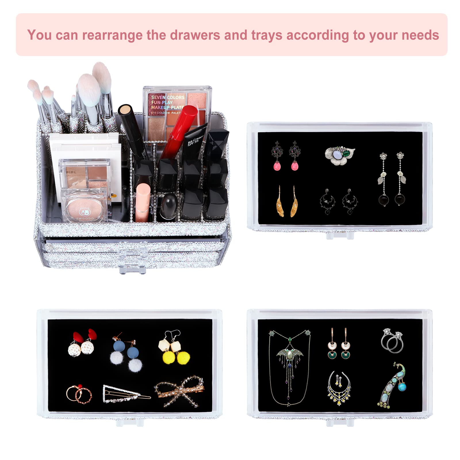 Make-up-Organizer, Schmuck, Kosmetik-Aufbewahrungsboxen, Make-up-Pinselhalter, Kosmetikhalter, glitzernde Diamant-Arbeitsplatte, Schmuckkoffer für Frauen, Mädchen (Neuweiß)