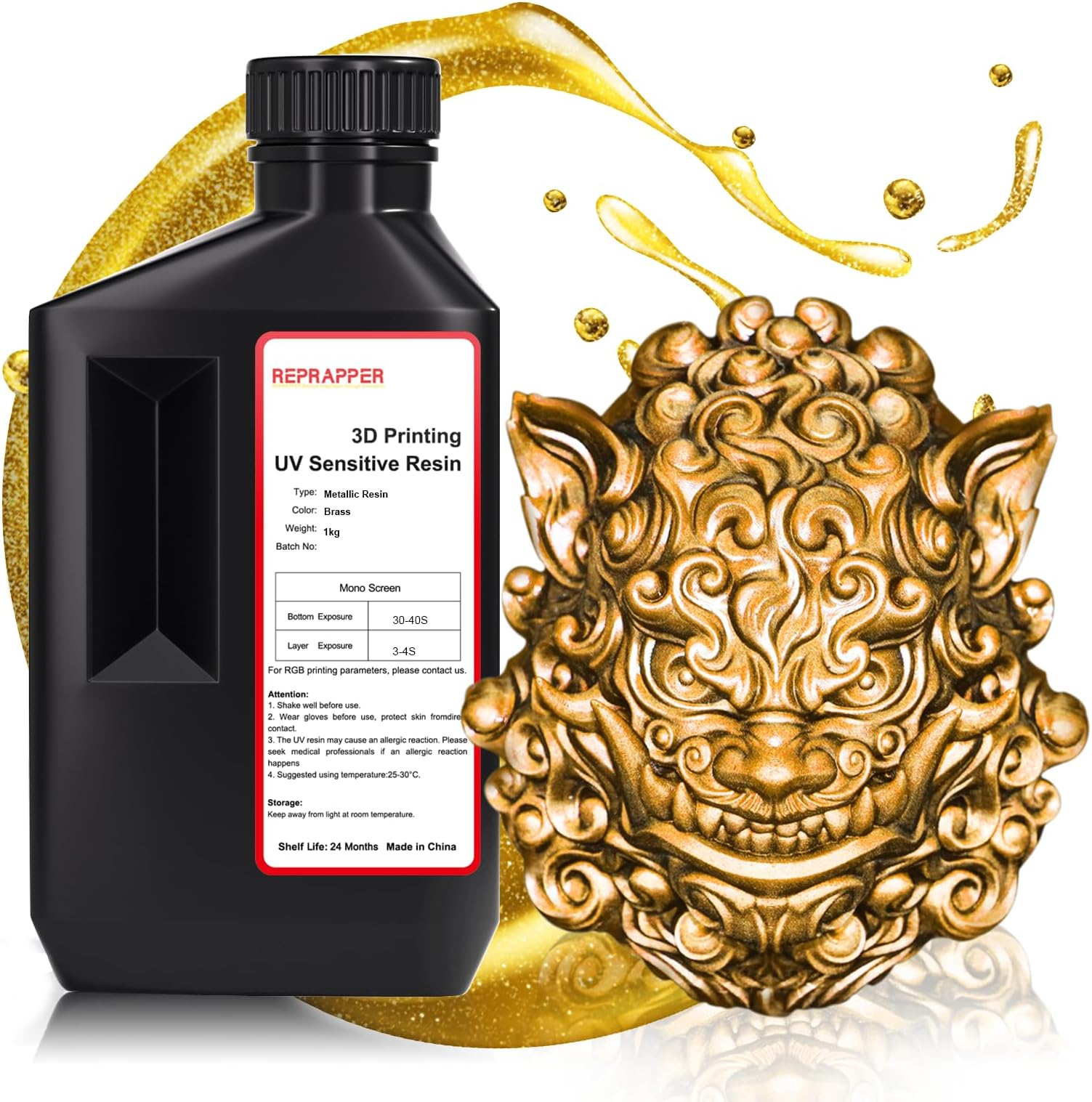 RepRapper Brass MetalShift 3D Printer Resin 405nm Fast UV-Curing Standard Photopolymer 3D Printing Resin with Metallic Shine for LCD Printer, Gilded Glow 1000g
