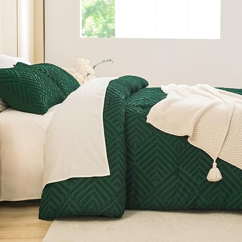 Miniatura 7 de Andency Juego de edredón bohemio verde esmeralda oscuro, juego de edredón ligero y esponjoso para cama Queen, juego de ropa de cama de 3 piezas