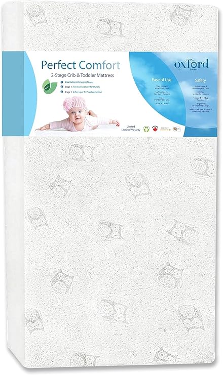 Oxford Baby 2 pc Nursery Set Lazio 4-in-1 Convertible Baby Crib, Snow White, GreenGuard Gold Certified Perfect Comfort 2-Stage Crib Mattress & Toddler Mattress