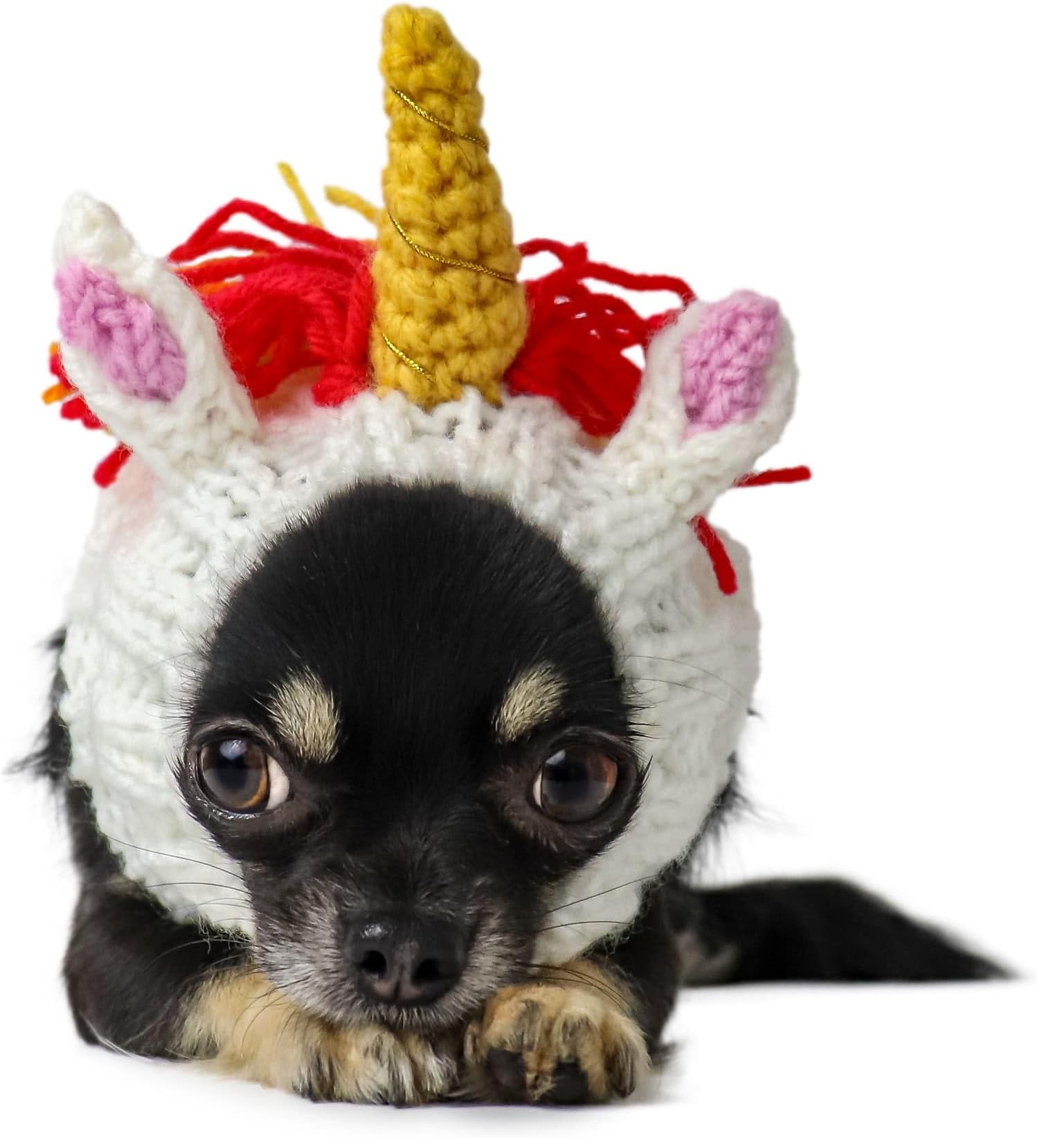 Unicorn Costume - Knit Rainbow Dog Snood Ear Wrap for Pets, Warm Neck Cover for Halloween and Winter (Small)