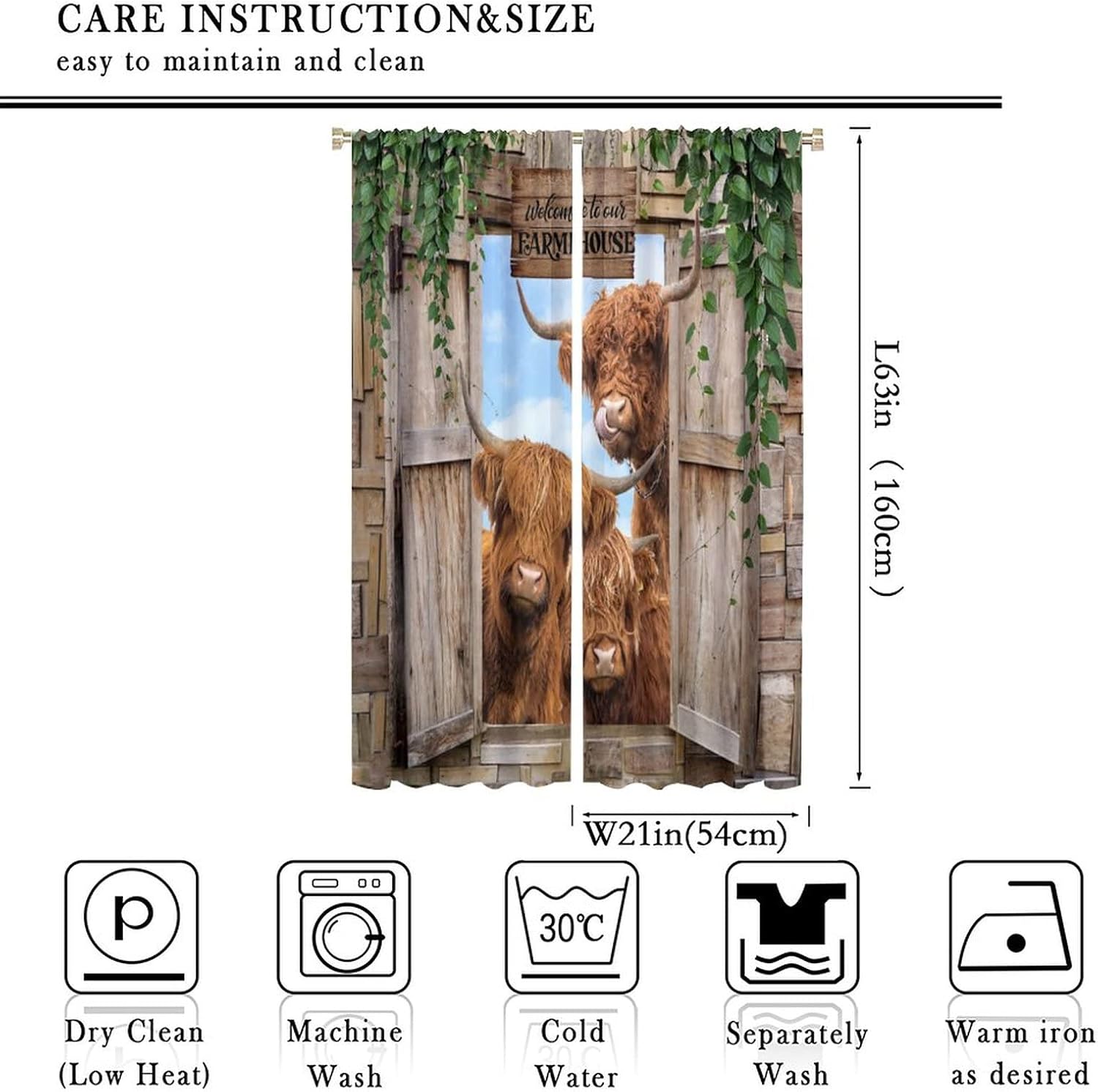 Highland Cow Curtains, Country Farm Animal Cow Window Treatments for Farmhouse Kitchen, Western Wildlife Bull Sunflower Print Rod Pocket 2 Panel Sets, 42x63 Inch