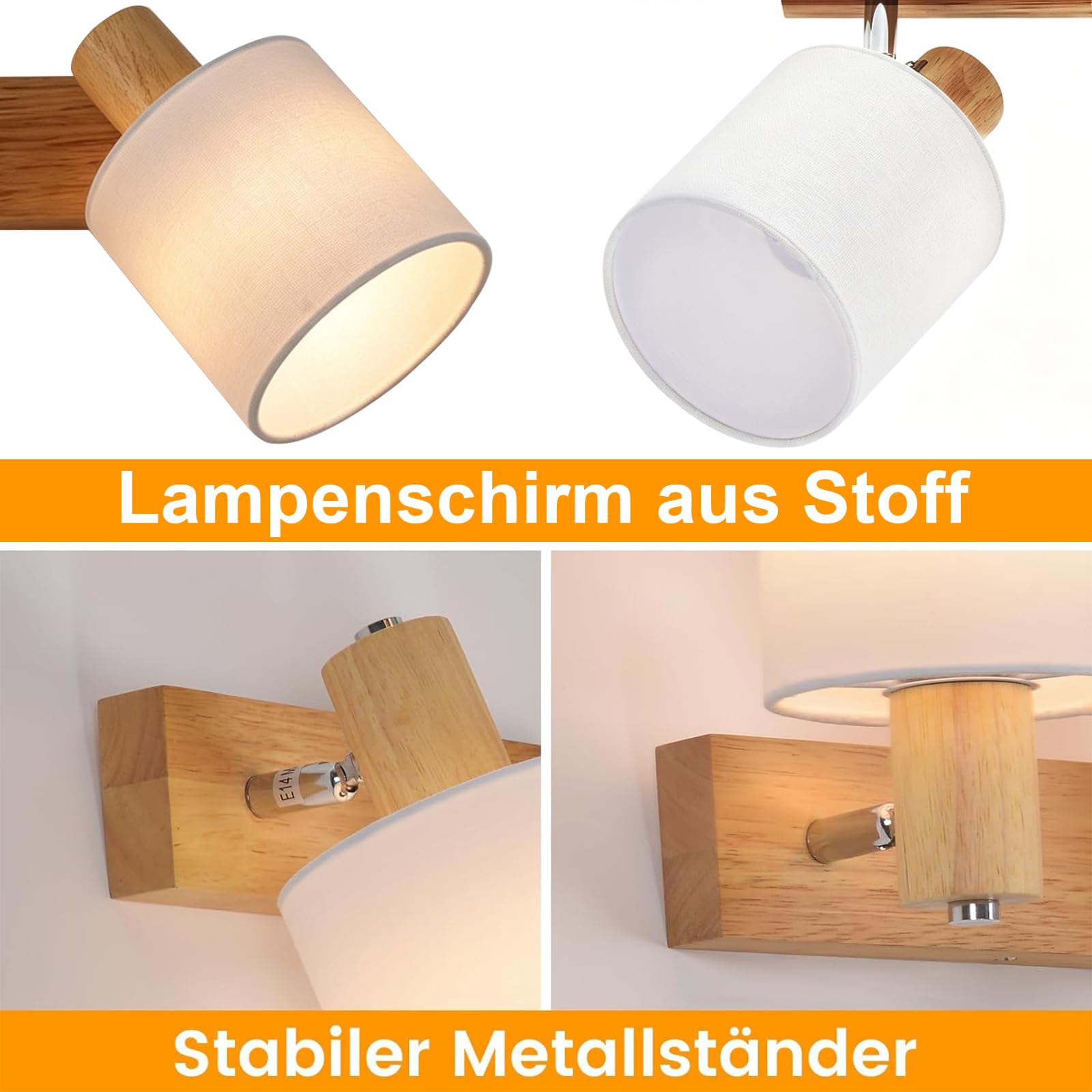Glitzerlife Deckenlampe 3 Flammig Deckenstrahler Holz LED Deckenleuchte Vintage Boho E14 Schwenkbar 350° Retro MAX.25W