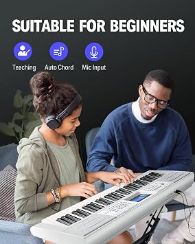 Donner 61 Key Keyboard Piano, Electric Piano Keyboard Kit with 249 Voices, 249 Rhythms - Includes Piano Stand, Stool, Microphone, Gift for Beginners, White (DEK-610S)