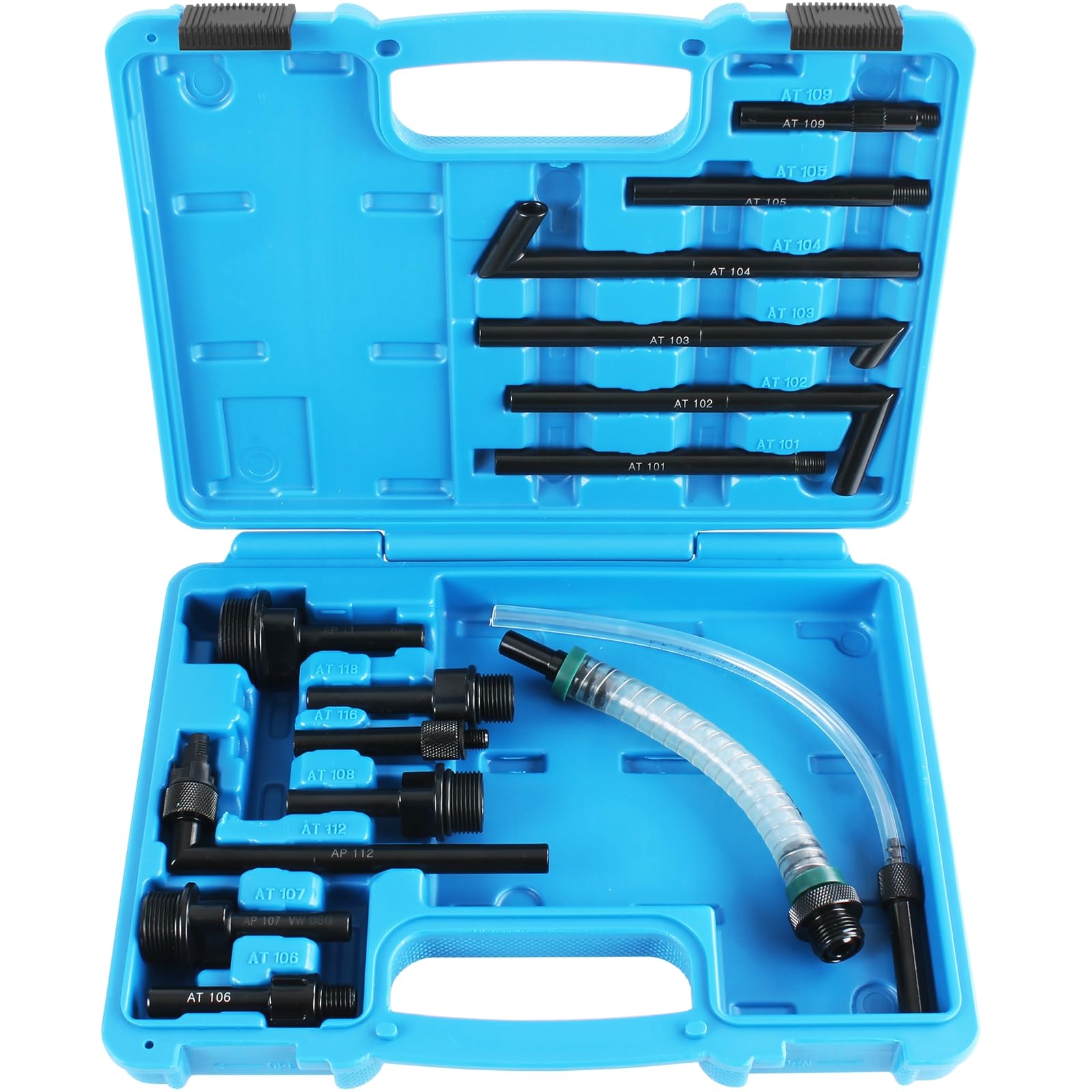 TECPO Getriebeöl-Einfüllgerät, Öleinfüllgerät, Befüllsystem 7.5 L, 15 Adapter, für Getriebe, Differentiale & Verteilergetriebe - Rücklauf-Funktion, 160 cm Schlauch, passend für alle gängigen Fahrzeuge