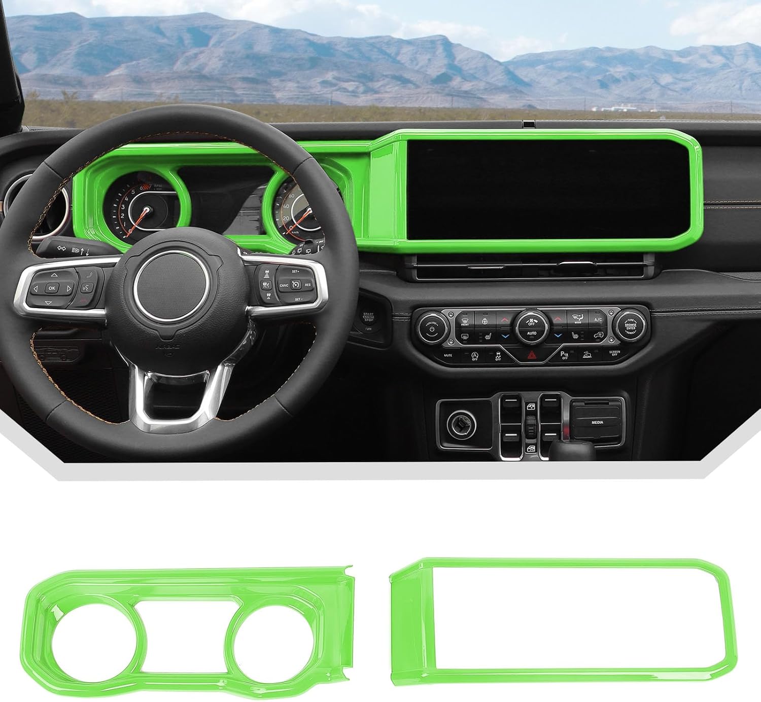 JeCar Green ABS Dashboard Trim Interior Accessories for 2024-2025 2026+ Jeep Wrangler JL & Gladiator JT, Instrument Cluster & Center Screen Frame Decoration Upgrade