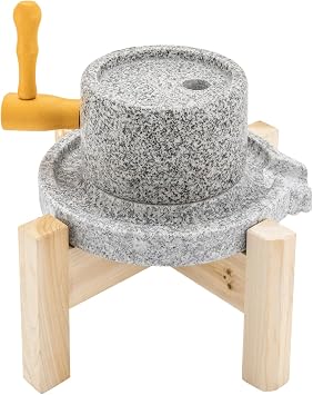 Hand Stone Mill, Natural Smooth Granite Manual Food Paste Mill, Dry/Wet Mill, Hand Wet Grain Mill Stand Handmade Stone Mill bean with wooden frame 11.81 * 11.81 * 7.87IN