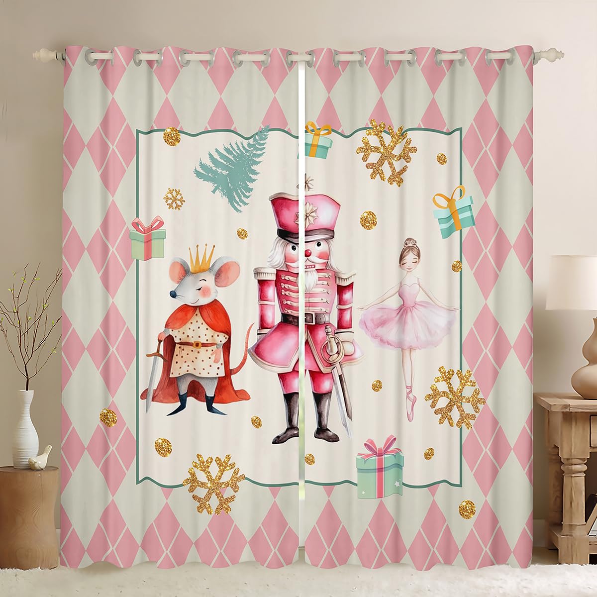 richhome Nutcracker Christmas Blackout Curtains Princess and Knight Drapes for Bedroom Living Room Decor Cute Snowflake Tree Shades Pink Plaid Window Treatments, 2 Panels W46*L72