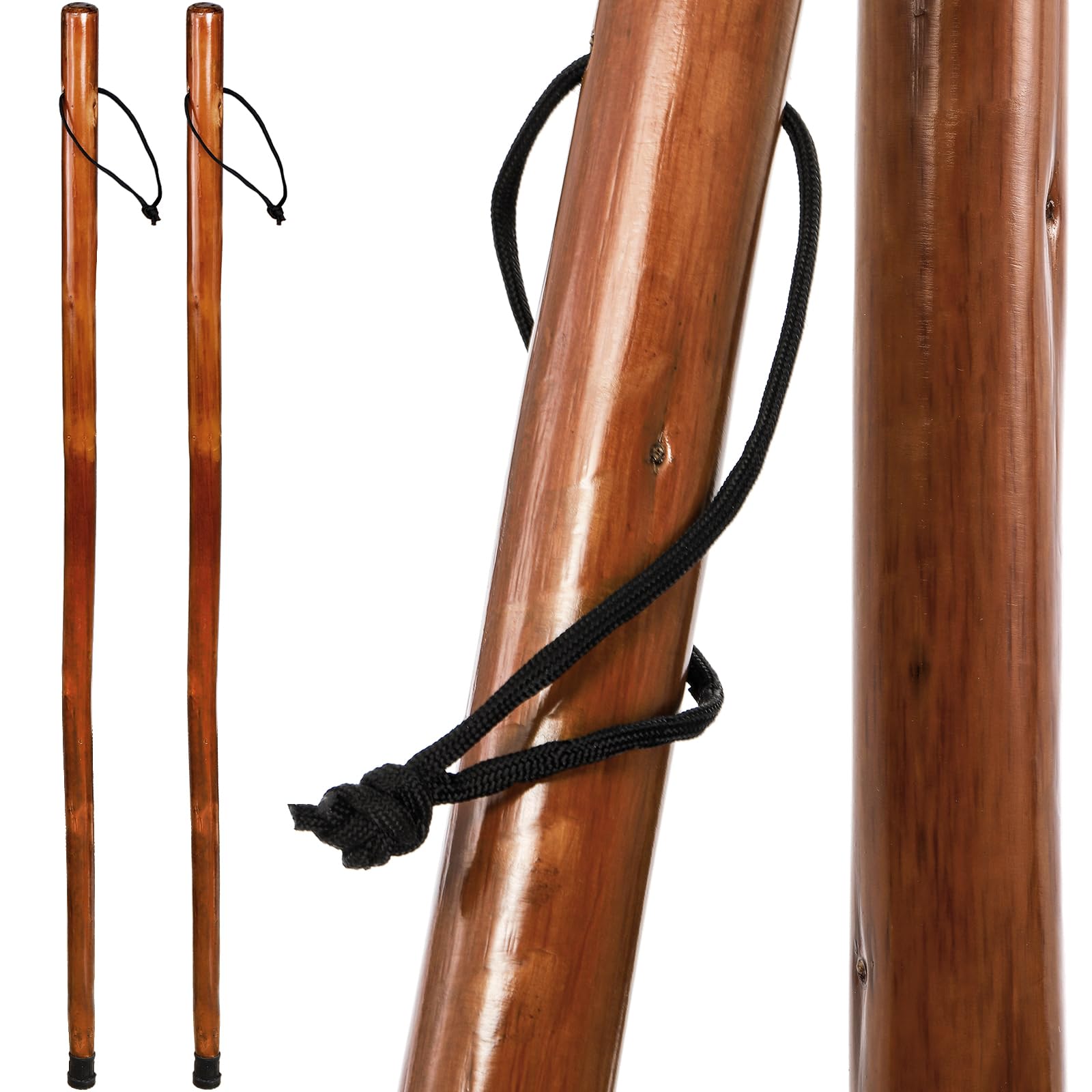 Mezchi 2 Pack Wood Walking Stick, 48 in Natural Wooden Walking Cane, Rustic Cedarwood Hiking Sticks Trekking Poles with Wrist Strap and Rubber Tip for Outdoor Activities, Women, Men, Seniors