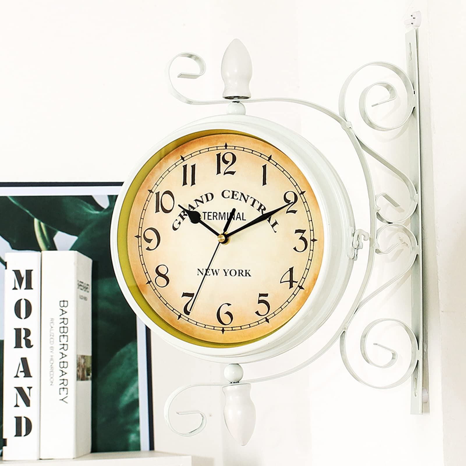 Orologio da Stazione, Orologio da Parete Doppio Lato 35 x 28 cm in Ferro Bianco per Giardino