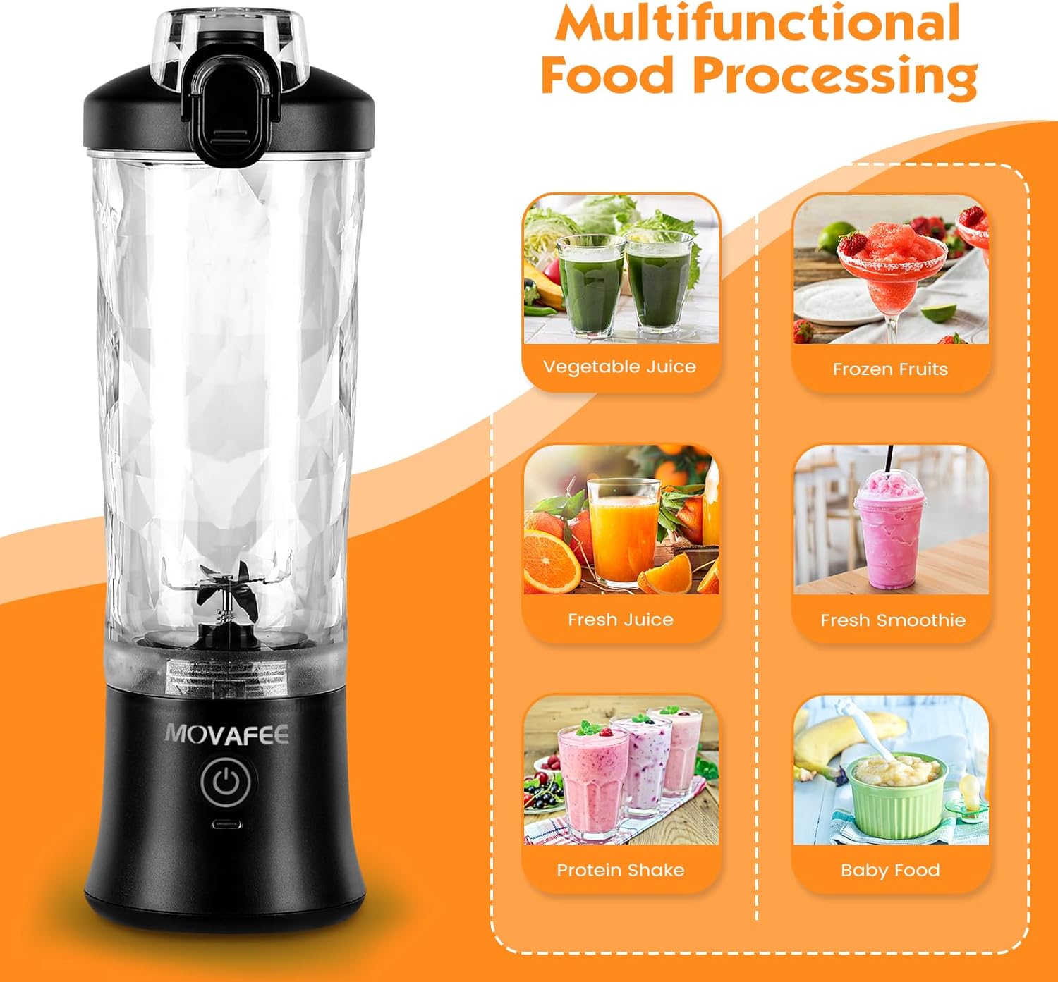 Portable Blender, 600ML Personal Blender for Shakes and Smoothies Mini USB Rechargeable, Two Blend Modes, 20 oz Handheld with 6 Ultra-sharp Blades Travel, Office Sports BLACK (A9)