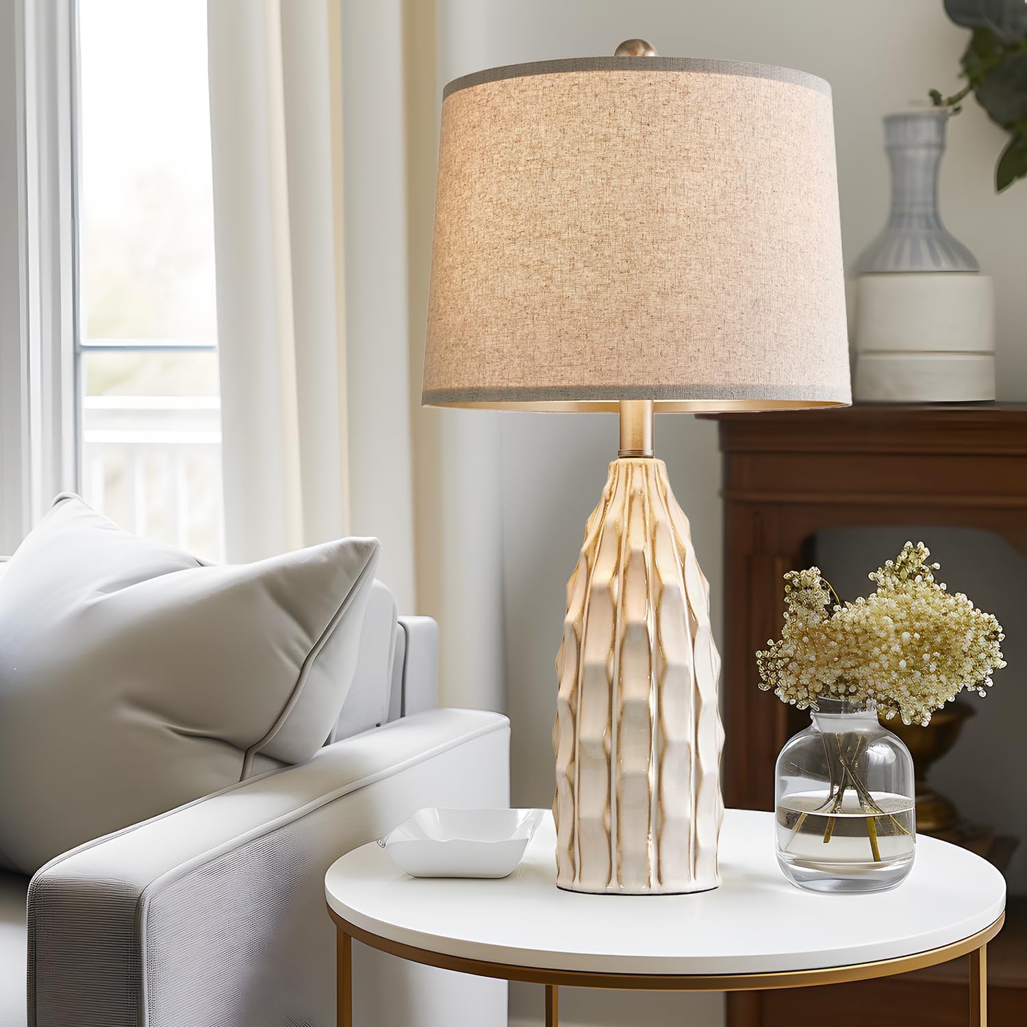 USumkky Ceramic Table Lamps Set of 2, 23.75" Modern Farmhouse Bedside Lamp - Cream Nightstand Lamps for Bedroom, Boho Living Room End Tables, Small Office Desk Lamp Decor