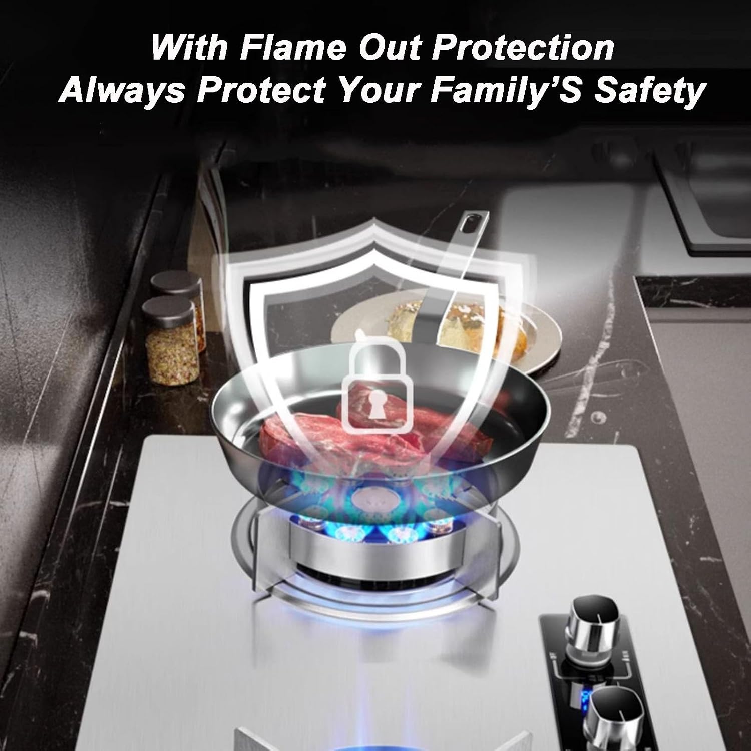 Stainless Steel Gas Stove 75CM Gas Stove 2 Burners, 5.2KW 9 Cavity Timed High Fire, Built-in Gas Cooker Plug and Play, with Flameout Protection(LPG)