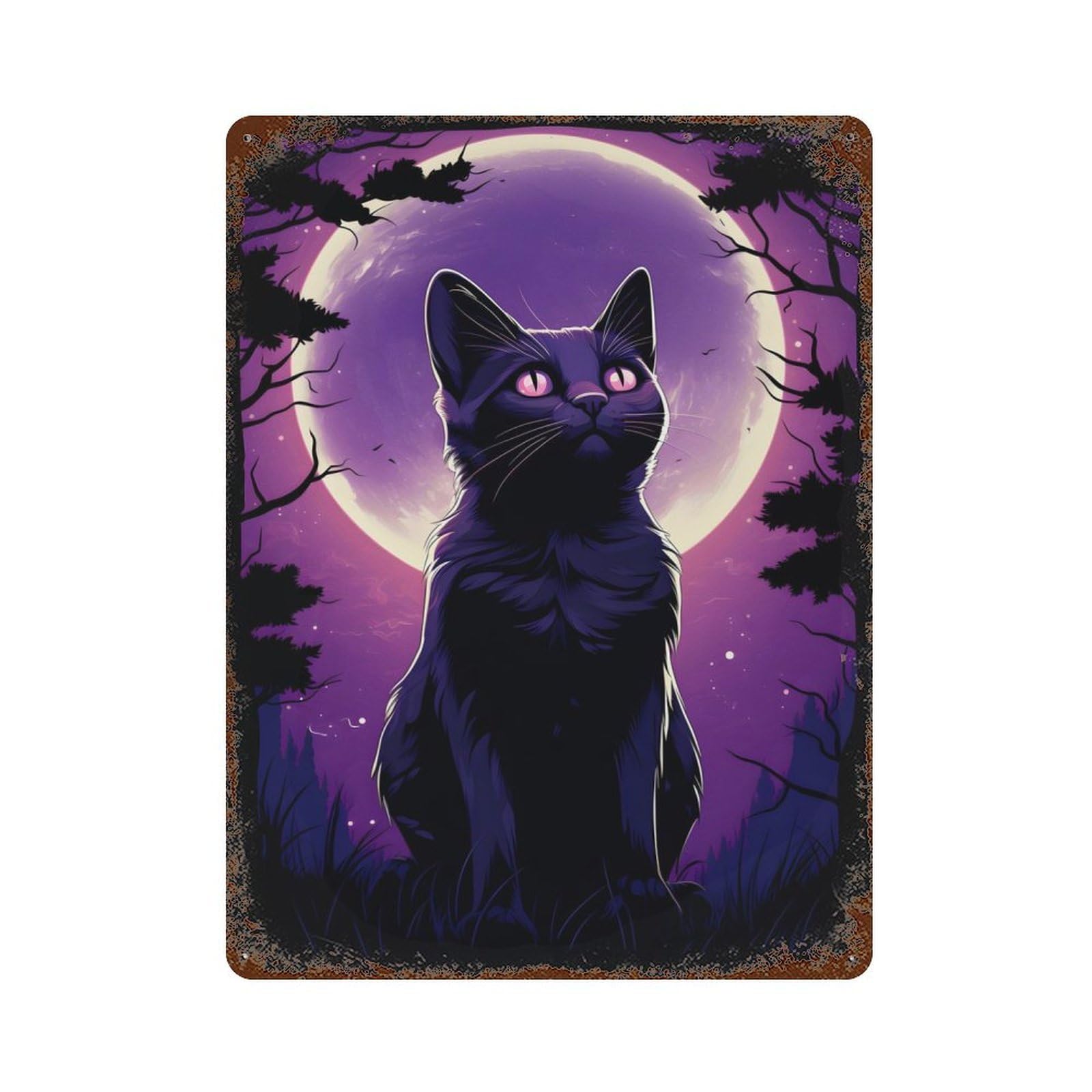 Decorative Tin Sign with Siluet Cat Moonlight Design 15.7"x11.8", for Basement, Hobby Room And Garage Decor, Rustic Home Decor
