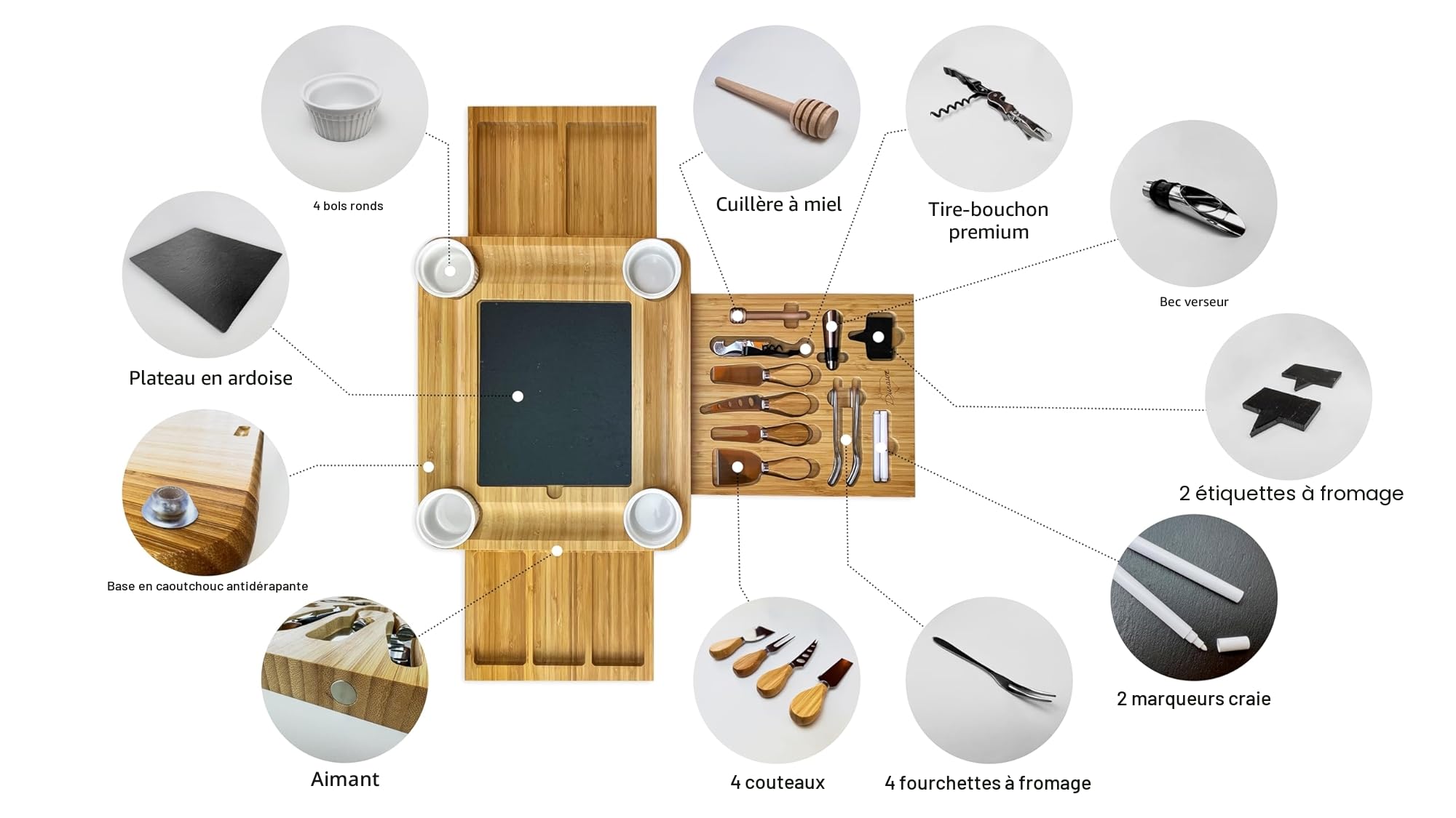 Plateau à Fromage en Bambou, Set de Couteaux, Bols en Céramique et Ouvre-vin - Plateau Charcuterie Bois, Choix Parfait pour Gourmets, Cadeaux d'anniversaire, Cadeaux de Noël pour Femmes, Très Grand