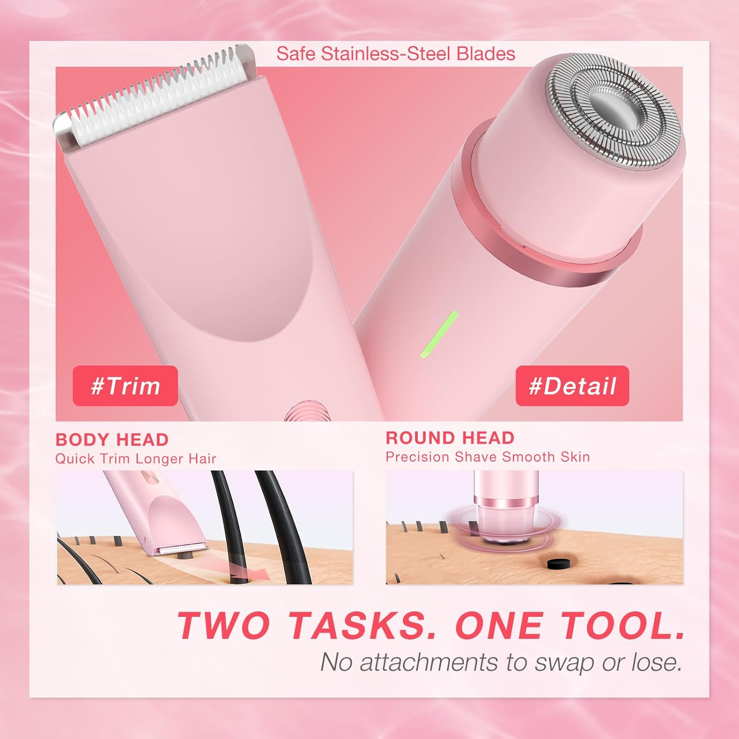 Bikini Trimmer for Women, Dual-Head Electric Body Hair Trimmer for Sensitive Areas, IP67 Waterproof Rinsable, USB-C Rechargeable Groomer for Bikini Line, Underarms, Legs & Face, Soft Pink