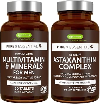 Multivitamin & Minerals for Men + Astaxanthin Complex Vegan Bundle, Sustained Release Advanced Multivitamin + 4 mg H. Pluvialis Natural Astaxanthin, by Igennus