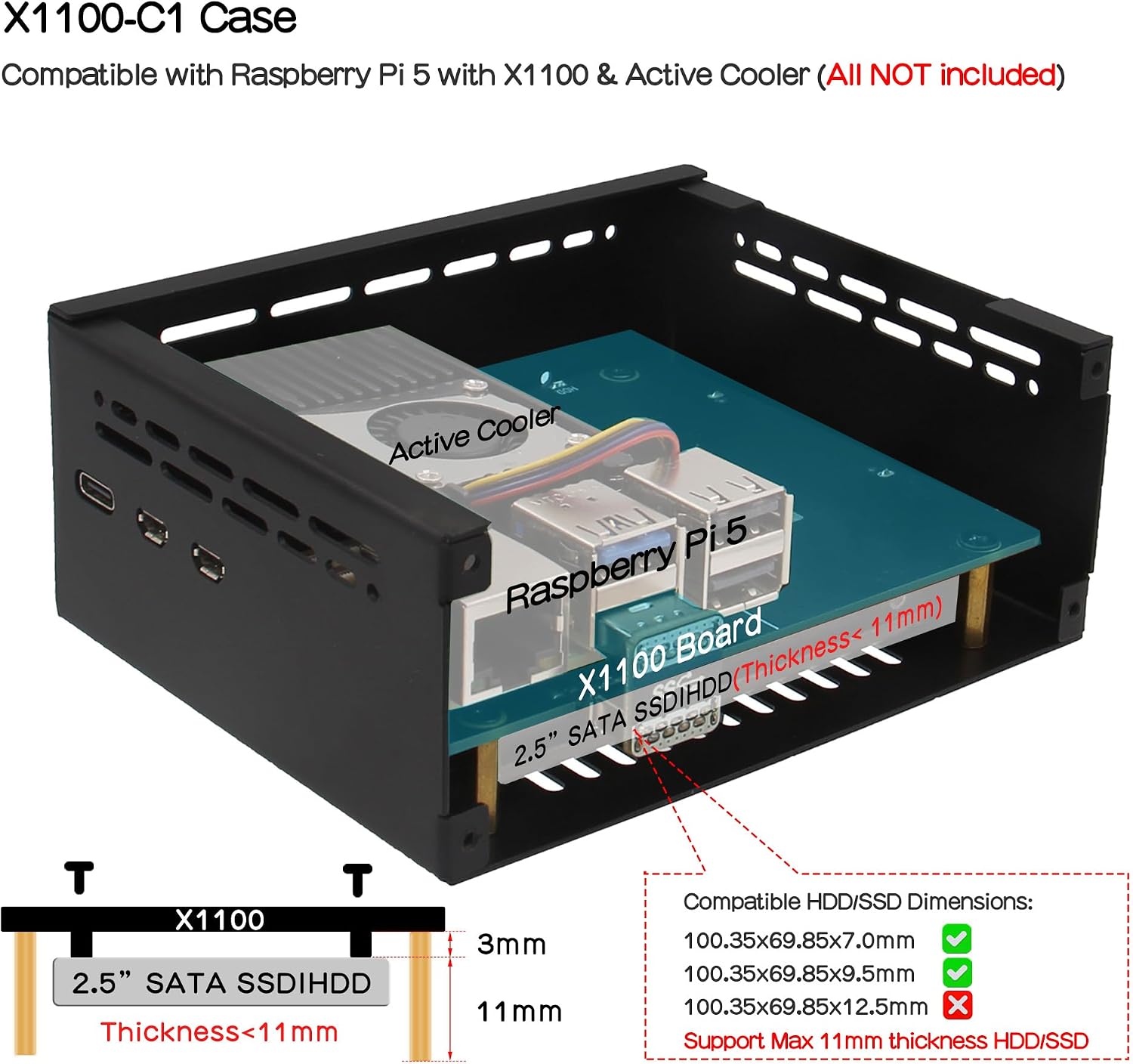 Dahili view of X1100-C1 case with Raspberry Pi 5 and X1100 board