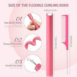 Syhood 30 Pcs Flexible Curling Rods 9.45 Twist Foam Rollers Soft Foam No Heat Hair Rods Rollers and 1 Steel Pintail Comb Rat Tail Comb for Women Long Short Hair(Pink,9.45 x 0.63 Inch)