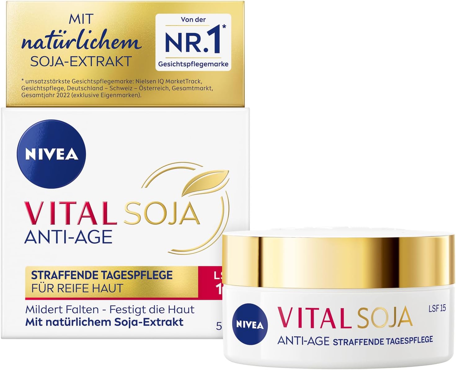 Nivea Vital Soja Anti-Age Verstevigende dagcrème, SPF 15, verstevigende gezichtsverzorging voor rijpe huid met natuurlijk soja-extract, dagcrème met SPF tegen pigmentvlekken (50 ml)