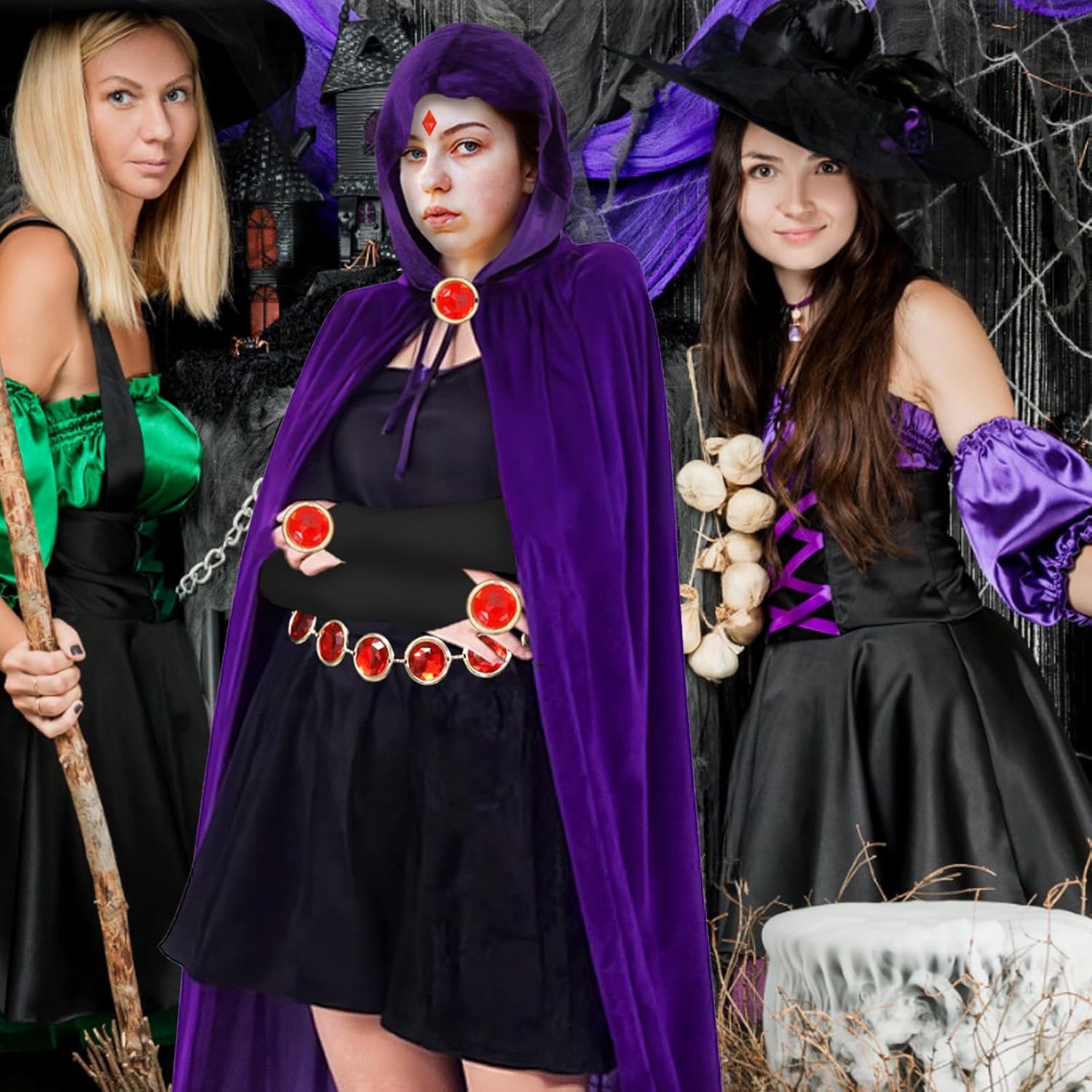 Raven Purple Cape with Hood Anime Cosplay Costume Women with Red Gem Waist Belt Gloves Halloween Outfit