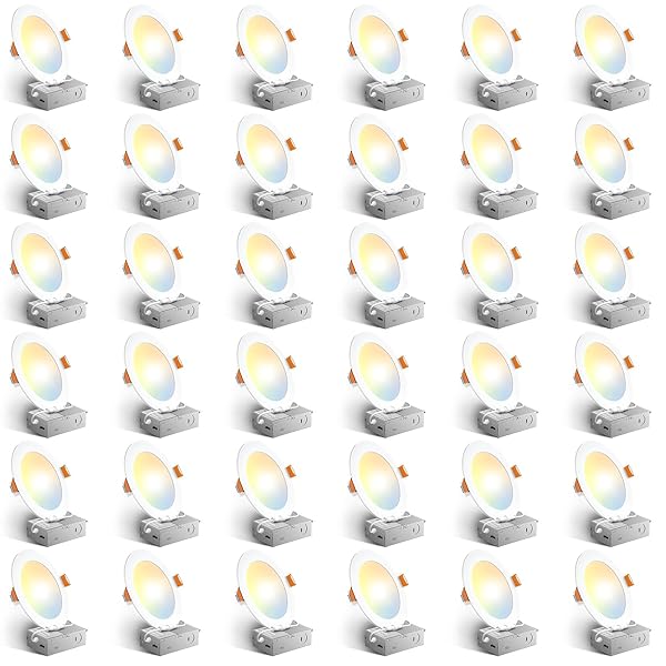 Amico 48 Pack 6 Inch 5CCT Ultra-Thin LED Recessed Light with Junction Box, 2700K/3000K/3500K/4000K/5000K Selectable, 12W Eqv 110W 1050LM Brightness Dimmable Canless Wafer Downlight, ETL & FCC