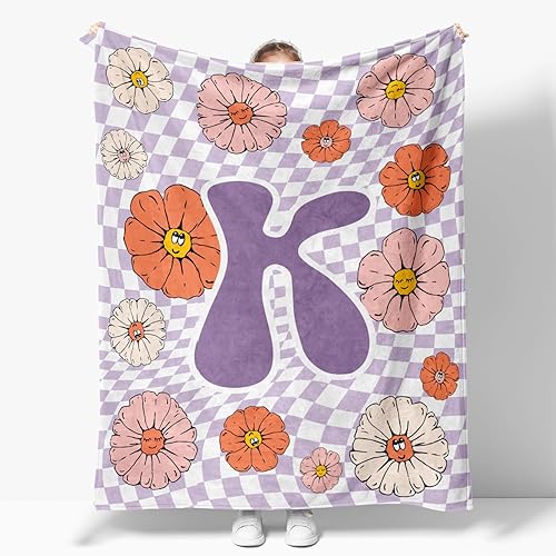 Miniatura 10 de Manta retro de los años 70 con inicial R floral a cuadros, groovy abstracta estética, manta de franela suave personalizada, regalos con monograma