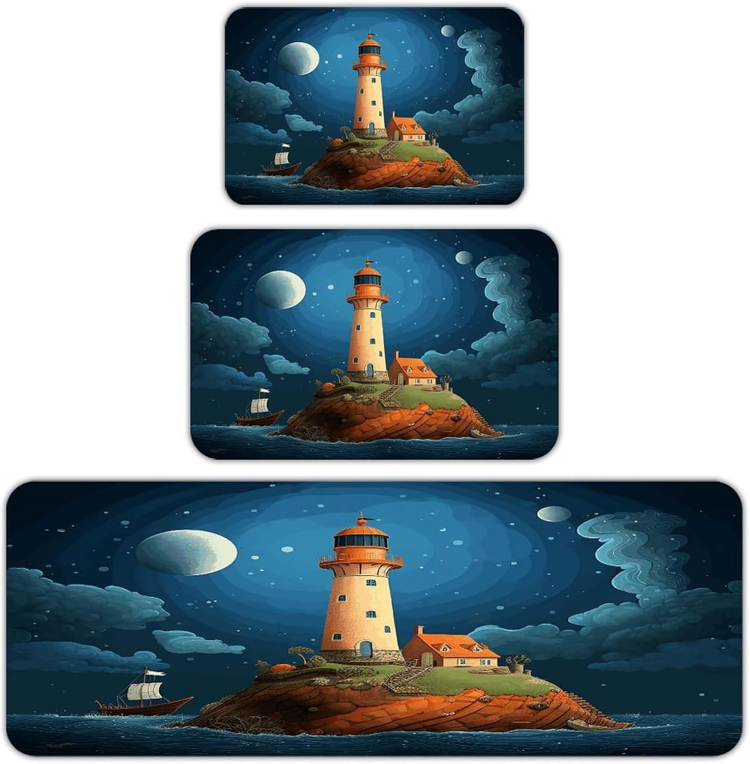 Catoon Whale Lighthouse Kitchen Rugs Sets of 3 Washable Non Slip Kitchen Rug Water Resistant Carpet Piece Anti Fatigue Kitchen Mats Soft Comfort Standing Mat Modern Area Rug
