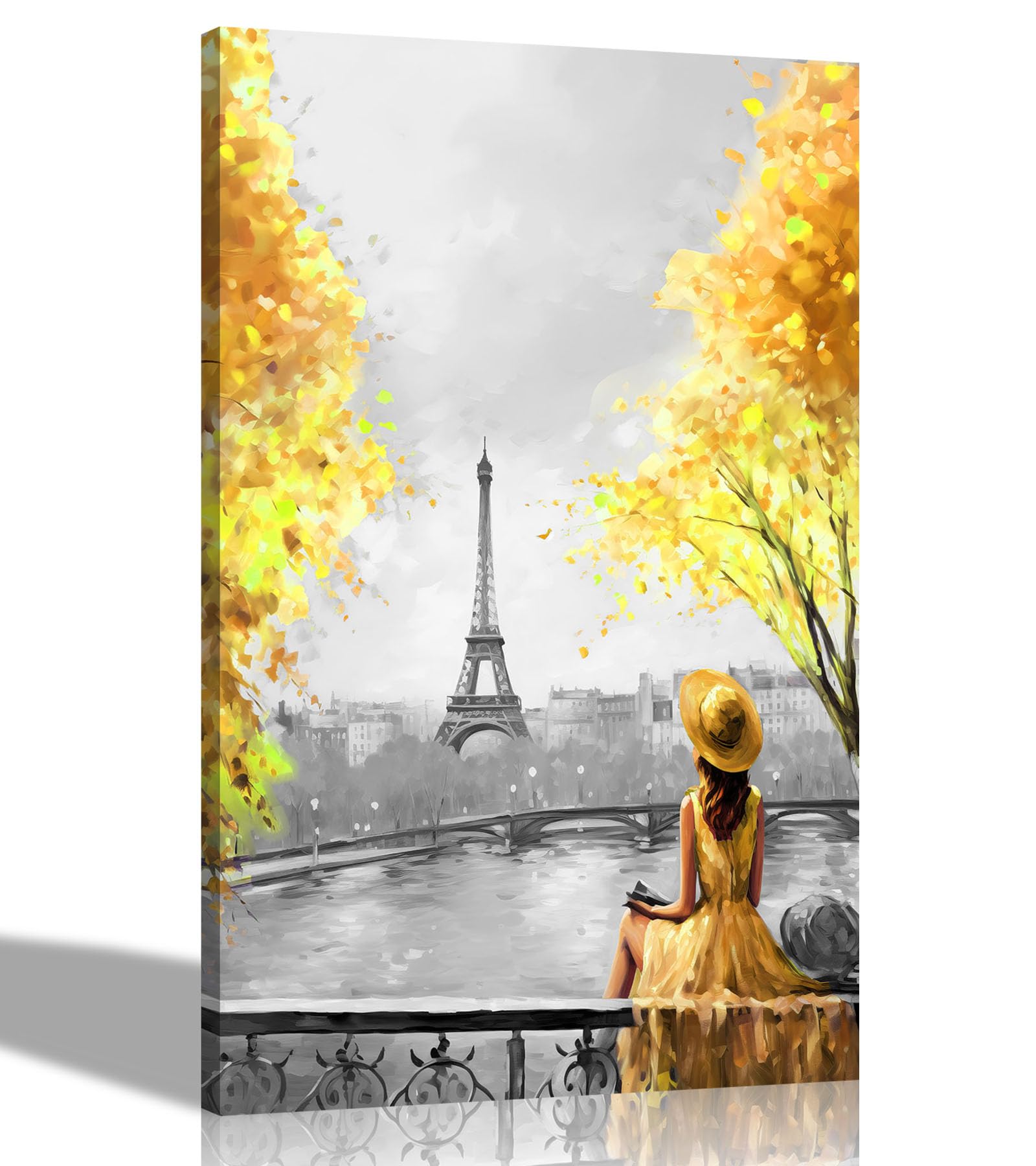 Artley Prints Portrait Grey Yellow Black And White Alone And Blissful In Paris Yellow Modern Canvas Pictures For Living Room, Bedroom, Hallway, Kitchen City Prints 30 X 20Cm (12 X 8 Inches) A4